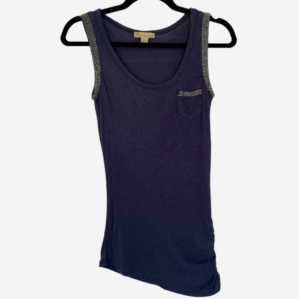 FOREVER 21 Women’s Asymmetrical Beaded Blue Tank Top Ruched Side Chest Pocket SP